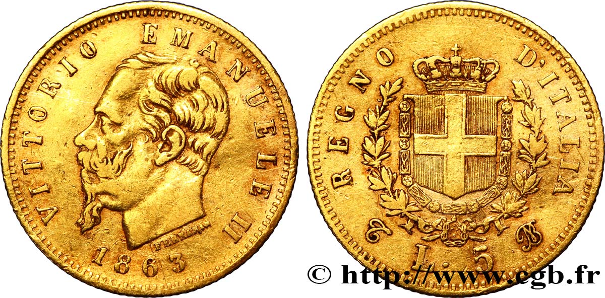 ITALIE 5 Lire Victor Emmanuel II roi d’Italie 1863 Turin - T TB+ 