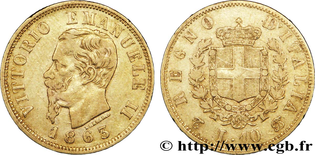 ITALIE 10 Lire Victor Emmanuel II roi d’Italie / armes de la Savoie, variété de diamètre de 18,5 mm 1863 Turin - T TTB 