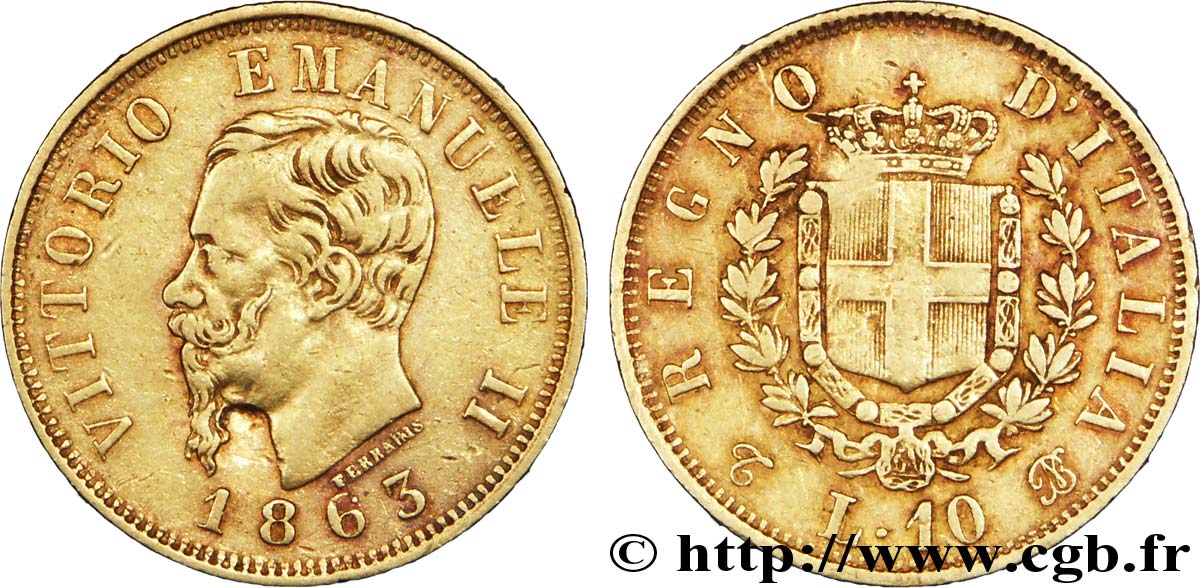 ITALIE 10 Lire Victor Emmanuel II roi d’Italie / armes de la Savoie, variété de diamètre de 18,5 mm 1863 Turin - T TB+ 