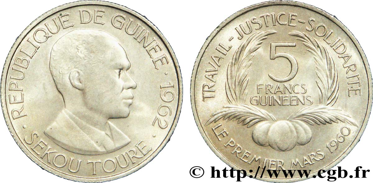 GUINÉE 5 Francs président Ahmed Sekou Touré 1962  SPL 