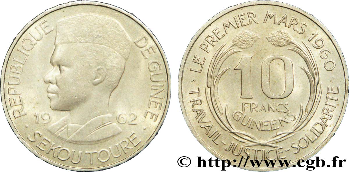 GUINÉE 10 Francs président Ahmed Sekou Touré 1962  SUP 