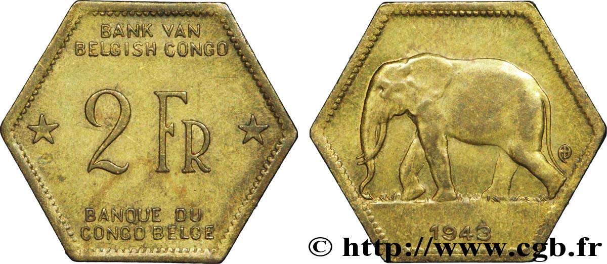 CONGO BELGE 2 Francs éléphant 1943  TTB+ 