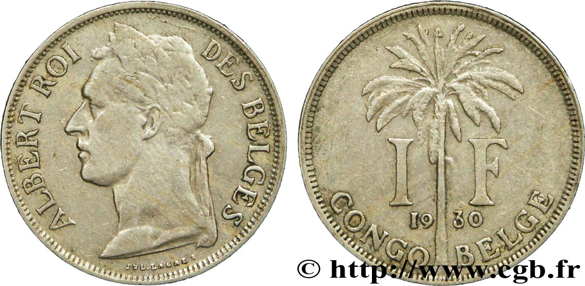 CONGO BELGE 1 Franc roi Albert légende française / palmier 1930  TTB 