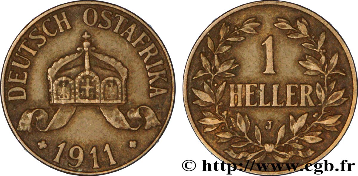 AFRIQUE ORIENTALE ALLEMANDE 1 Heller Deutch Ostafrica type couronne large et extrémités des L pointues 1911 Hambourg - J TTB+ 