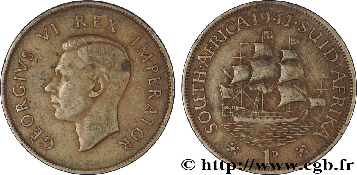 AFRIQUE DU SUD 1 Penny Georges VI / voilier 1941  TB+ 