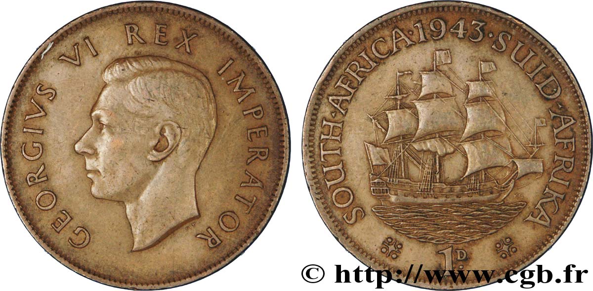 AFRIQUE DU SUD 1 Penny Georges VI / voilier 1943  TTB+ 