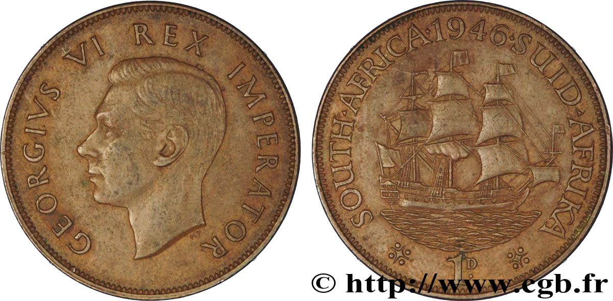 AFRIQUE DU SUD 1 Penny Georges VI / voilier 1946  TTB 