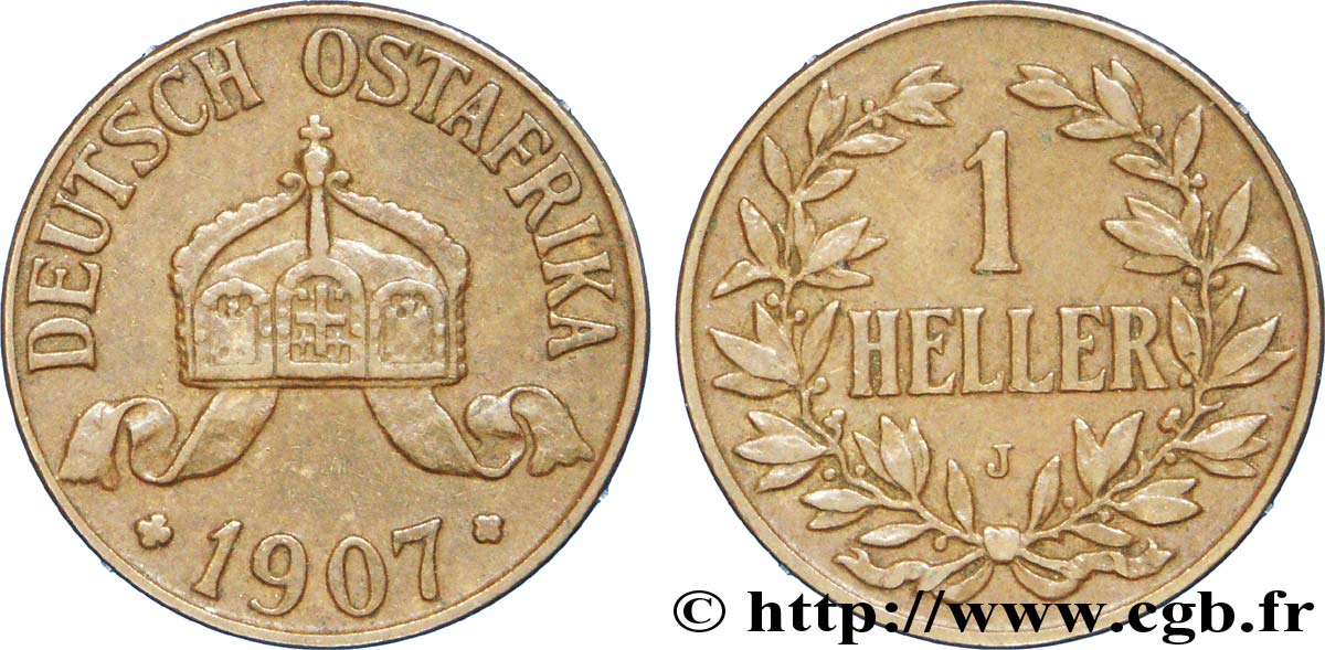 AFRIQUE ORIENTALE ALLEMANDE 1 Heller Deutch Ostafrica type couronne large et extrémités des L pointues 1907 Hambourg - J TTB+ 