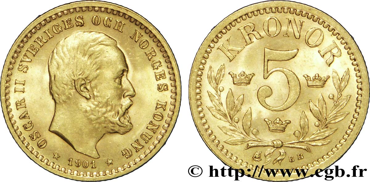 SUÈDE 5 Kronor roi Oscar II 1901  SUP 