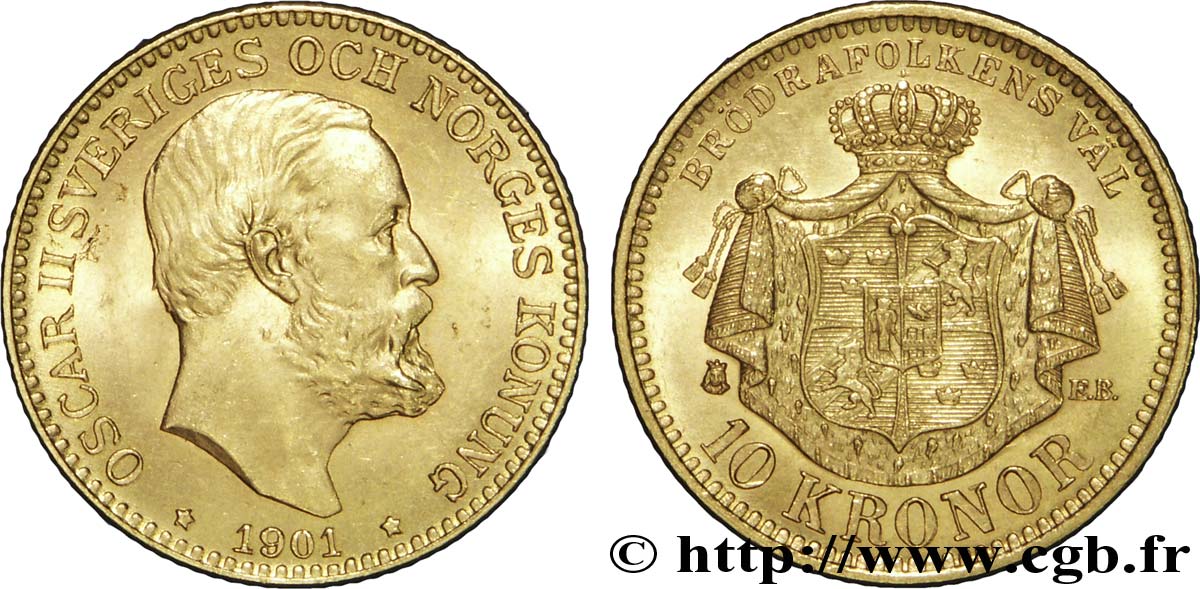 SUÈDE 10 Kronor roi Oscar II 1901  SUP 