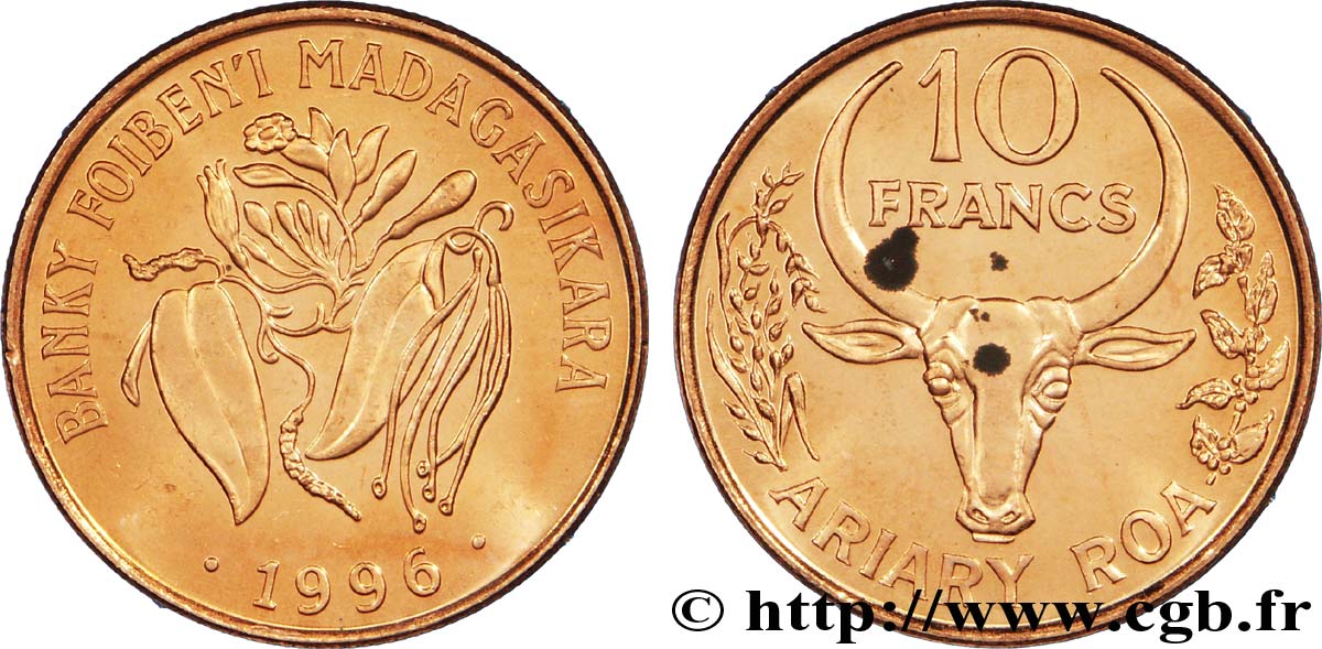 MADAGASCAR 10 Francs - 2 Ariary buffle / fèves 1996  SUP 