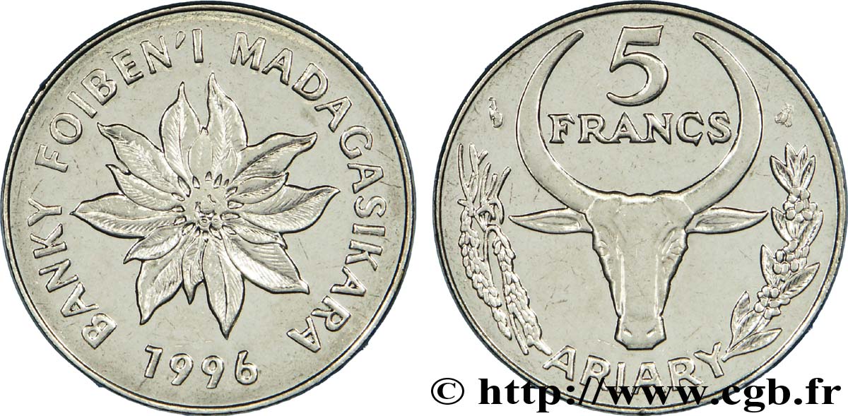 MADAGASCAR 5 Francs - 1 Ariary buffle / fèves 1996 Paris SUP 