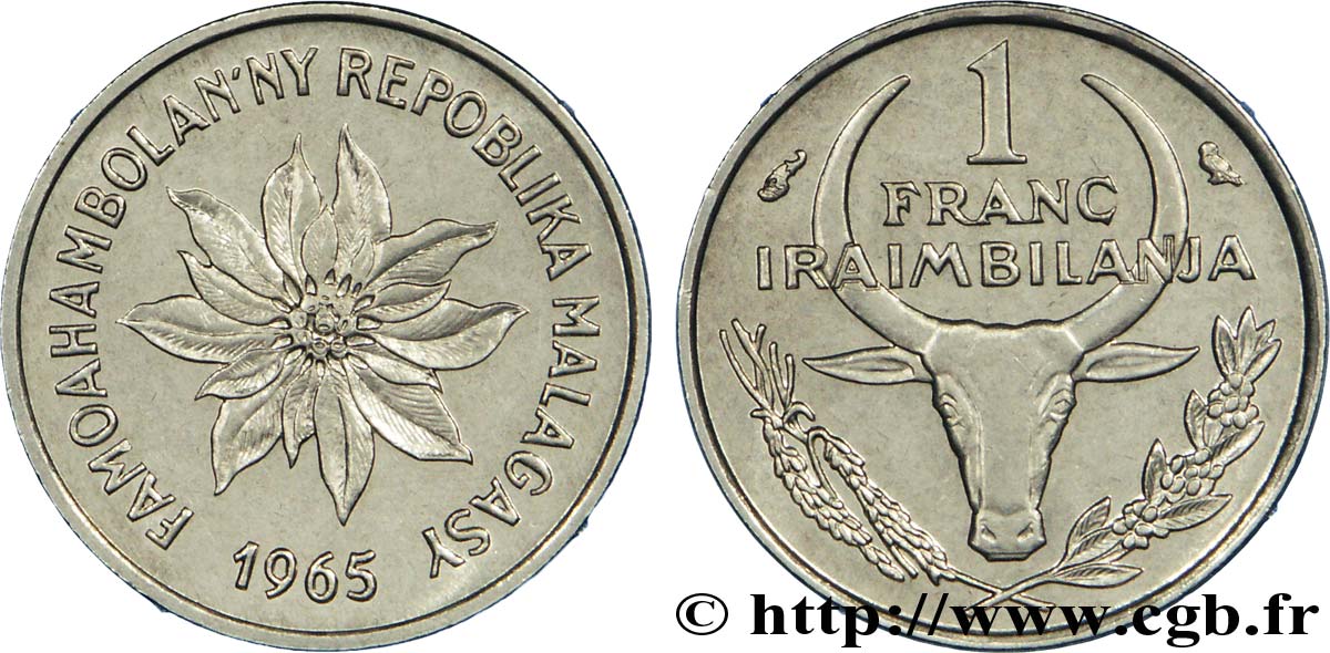 MADAGASCAR 1 Franc buffle / fleur 1965 Paris SUP 