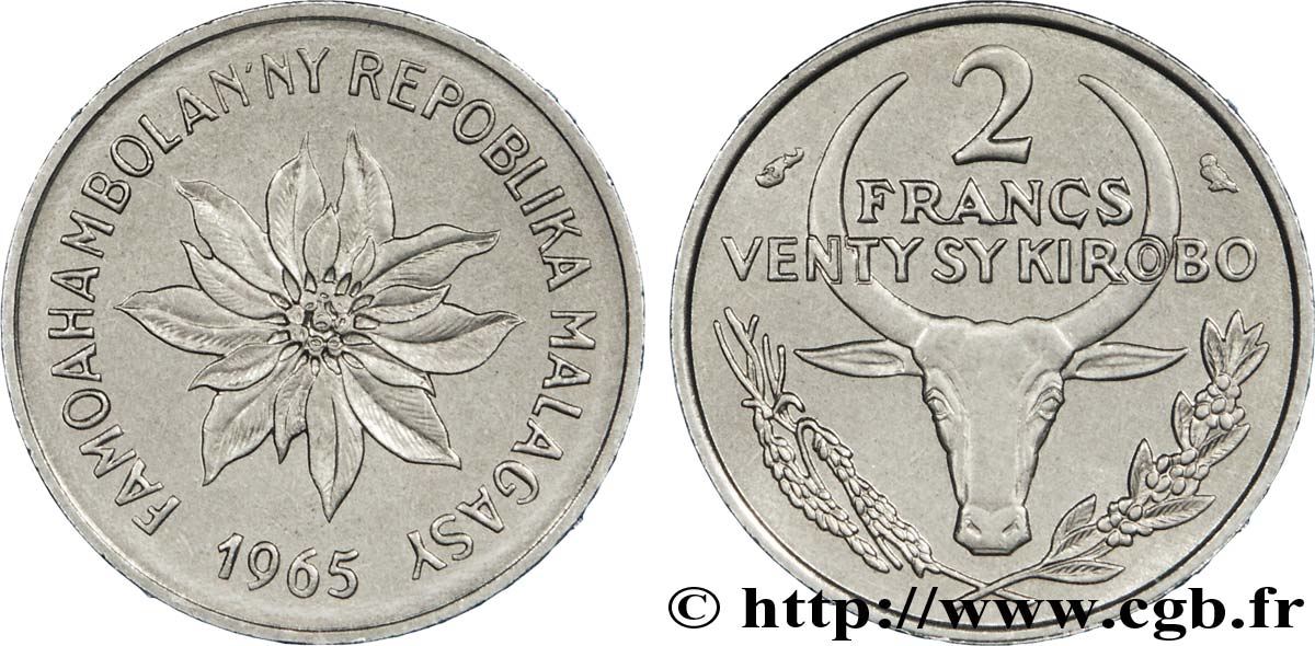 MADAGASCAR 2 Francs buffle / fleur 1965 Paris SPL 