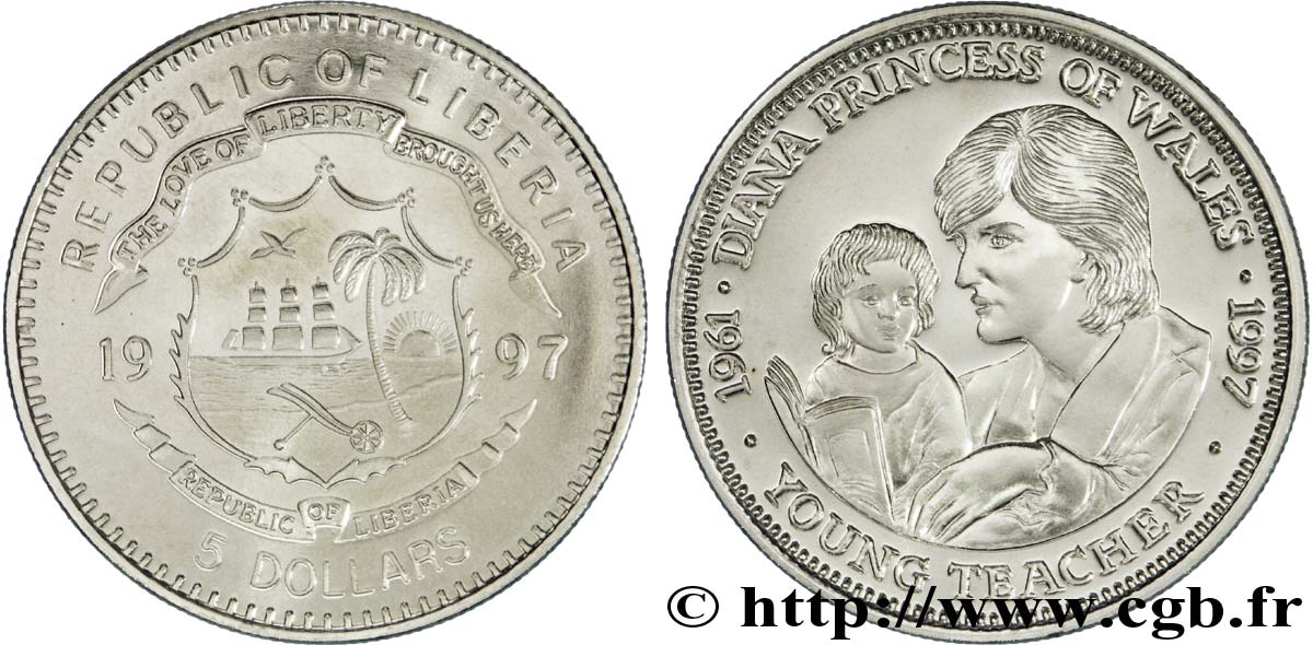 LIBERIA 5 Dollars emblème / princesse Diana lisant à un enfant 1997  FDC 