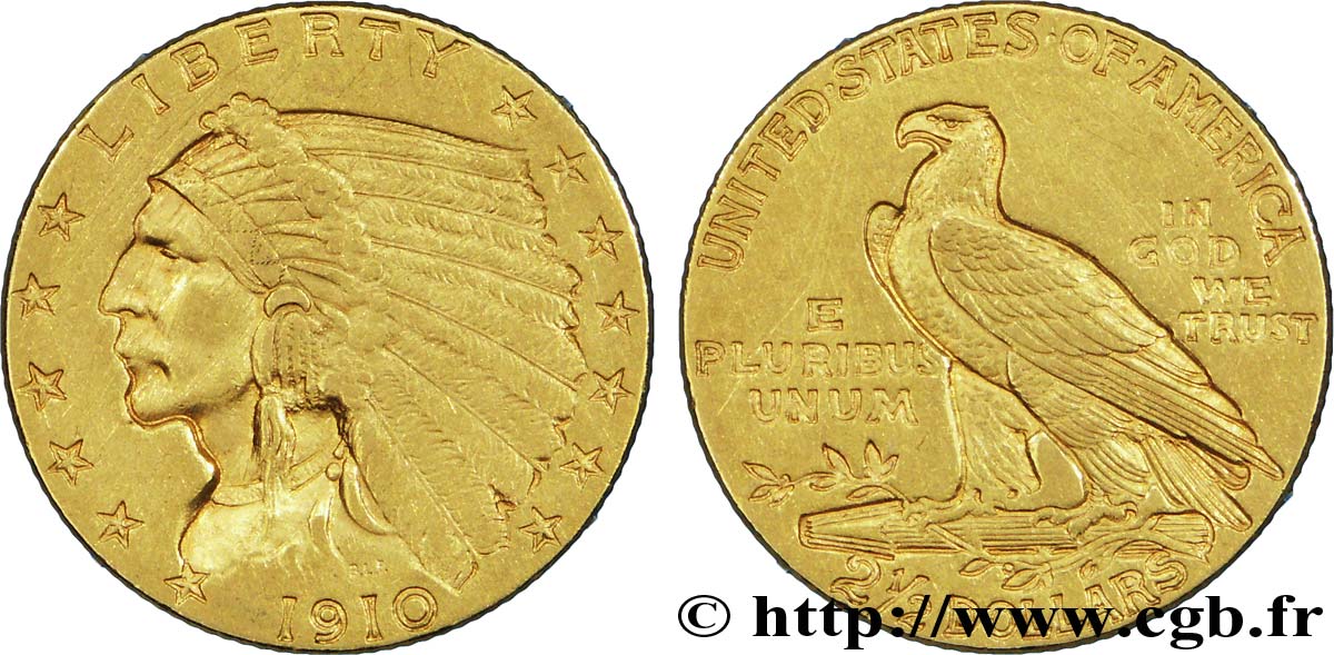 ÉTATS-UNIS D AMÉRIQUE 2 1/2 Dollars or (Quarter Eagle) type “tête d’indien”  1910 Philadelphie SUP 