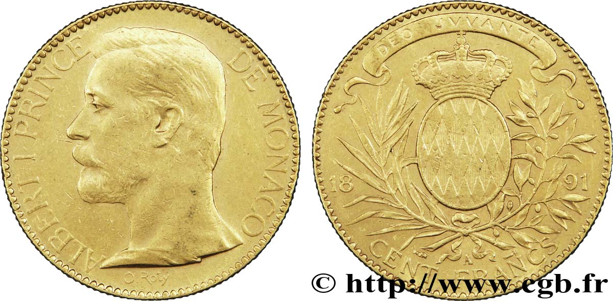 MONACO 100 Francs or Albert Ier / écu couronné 1891 Paris TTB52 