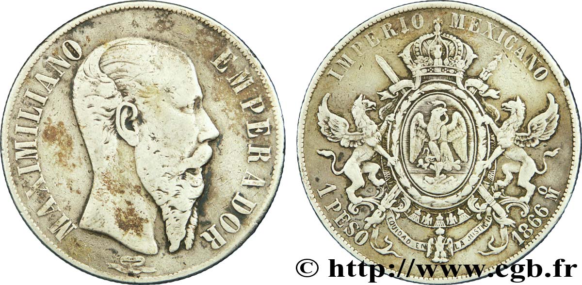 MEXIQUE 1 Peso Empereur Maximilien 1866 Mexico TB+ 
