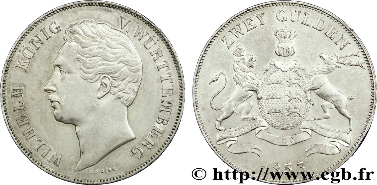 ALLEMAGNE - WURTEMBERG 2 Gulden Royaume de Wurtemberg : Guillaume Ier / écu encadré par un lion et un cerf 1853  SUP 