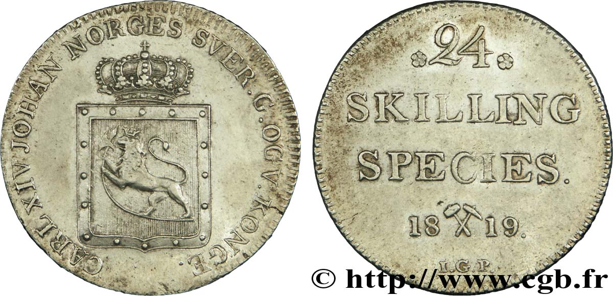 NORVÈGE 24 Skilling Charles XIV Jean roi de Norvège et Suède, emblème 1819  SUP 