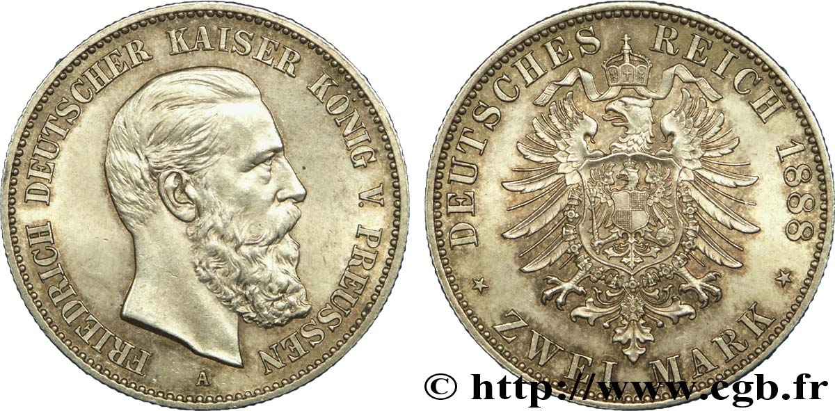 ALLEMAGNE - PRUSSE 2 Mark Royaume de Prusse Frédéric III / aigle 1888 Berlin SPL 