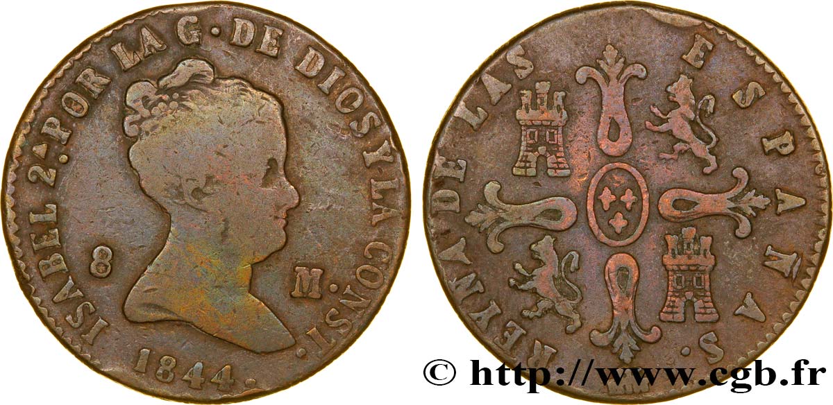 SPAIN 8 Maravedis Isabelle II 1844 Ségovie VF 