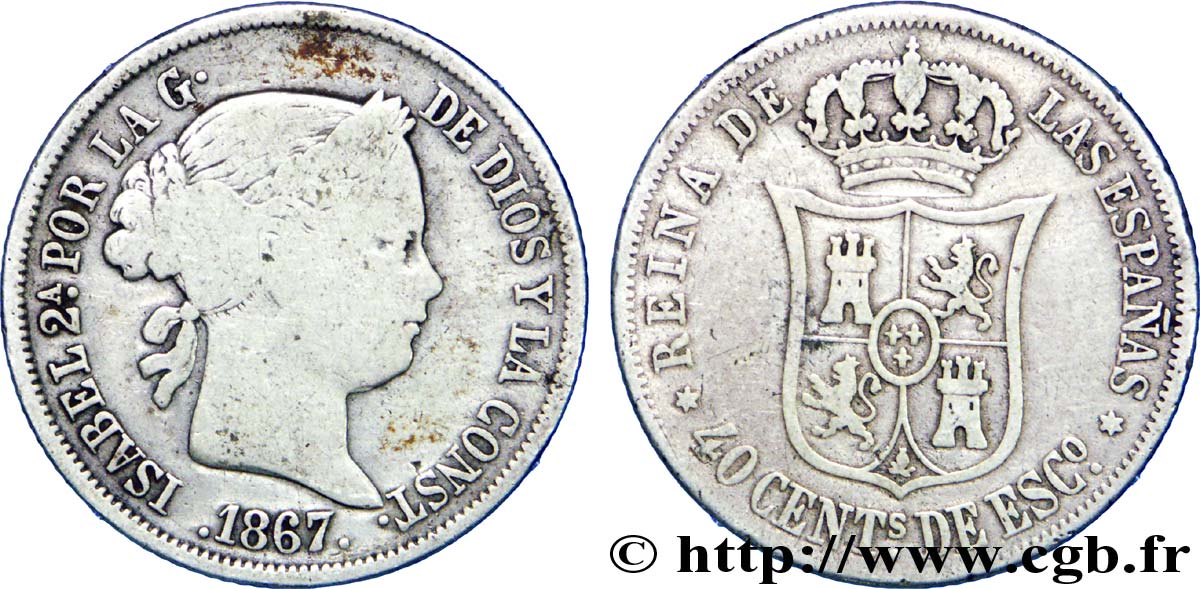 ESPAGNE 40 Centimos Isabelle II / écu couronné 1867 Madrid TB 