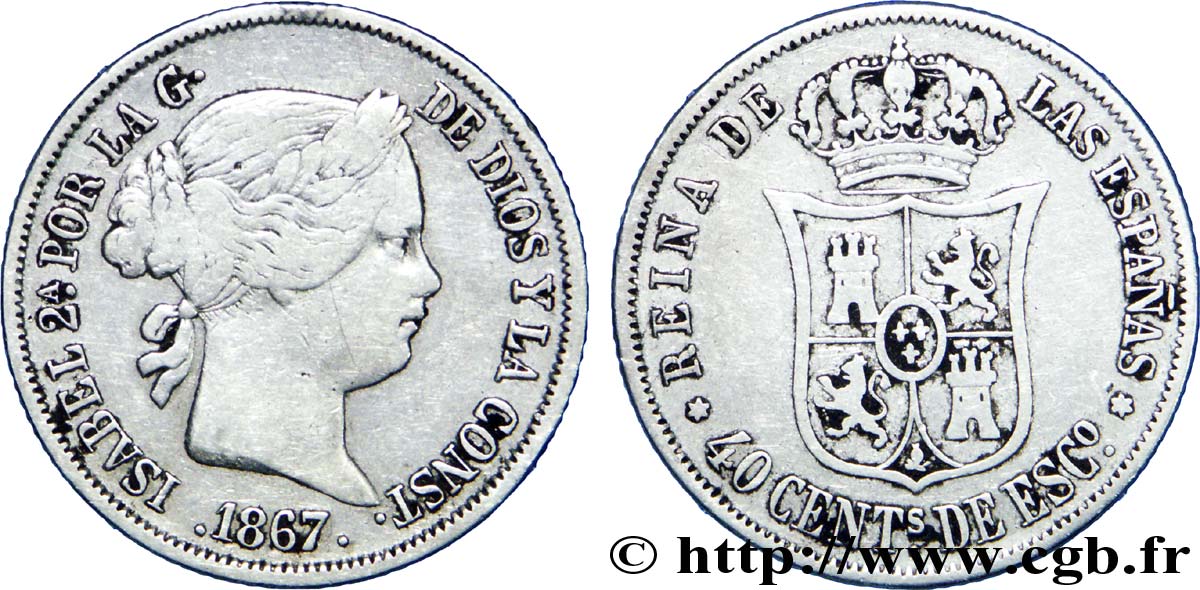 ESPAGNE 40 Centimos Isabelle II / écu couronné 1867 Madrid TB+ 