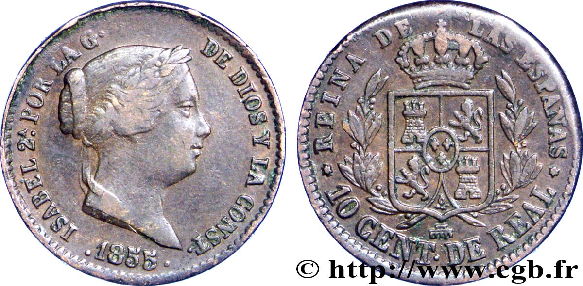 ESPAGNE 10 Centimos de Real Isabelle II / écu couronné 1855 Ségovie TB+ 