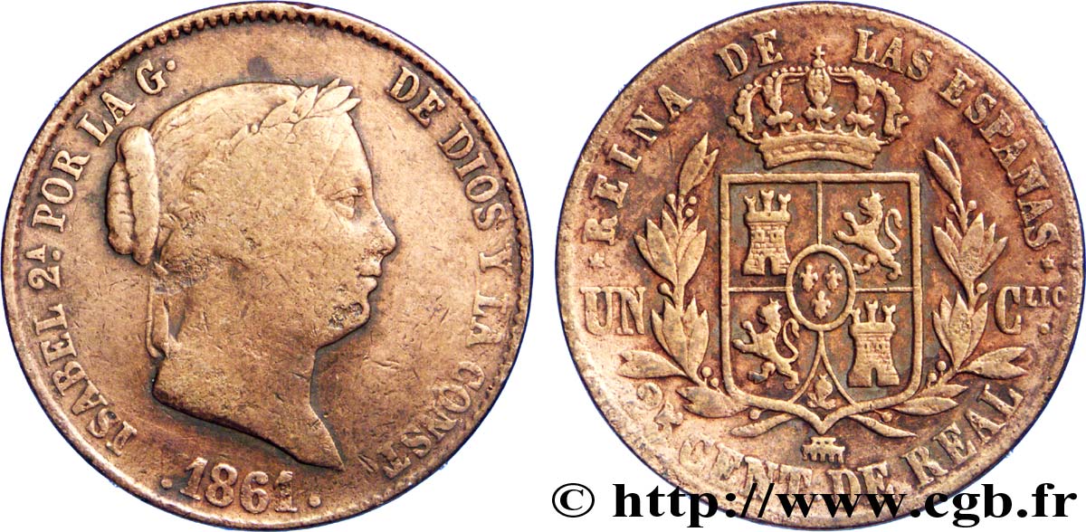 ESPAGNE 25 Centimos de Real (Cuartillo) Isabelle II / écu couronné 1861 Ségovie TB 