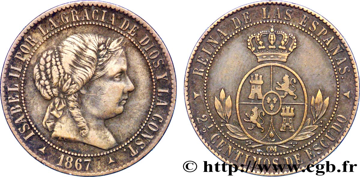 ESPAGNE 2 1/2 Centimos de Escudo Isabelle II / écu couronné 1867 Oeschger Mesdach & CO TTB 