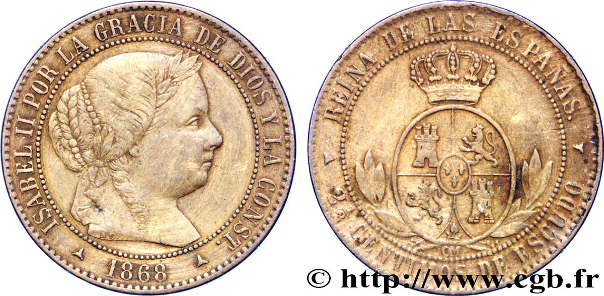 ESPAGNE 2 1/2 Centimos de Escudo Isabelle II / écu couronné 1868 Oeschger Mesdach & CO TTB 