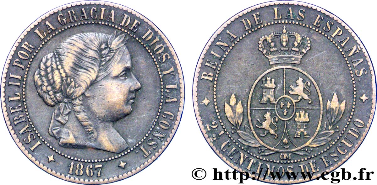 ESPAGNE 2 1/2 Centimos de Escudo Isabelle II / écu couronné 1867 Oeschger Mesdach & CO TTB 