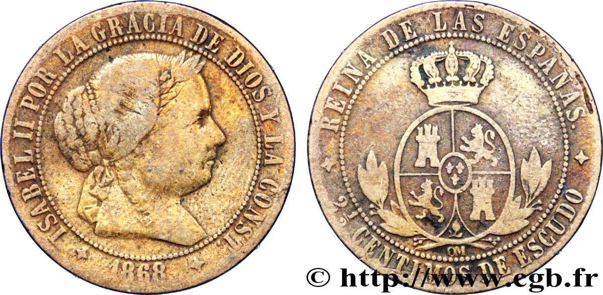 ESPAGNE 2 1/2 Centimos de Escudo Isabelle II / écu couronné 1868 Oeschger Mesdach & CO TB 