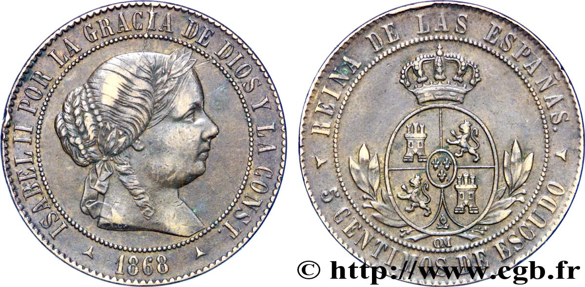 ESPAGNE 5 Centimos de Escudo Isabelle II / écu couronné 1868 Oeschger Mesdach & CO TTB 