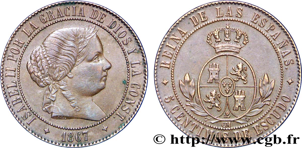 ESPAGNE 5 Centimos de Escudo Isabelle II / écu couronné 1867 Oeschger Mesdach & CO TTB+ 