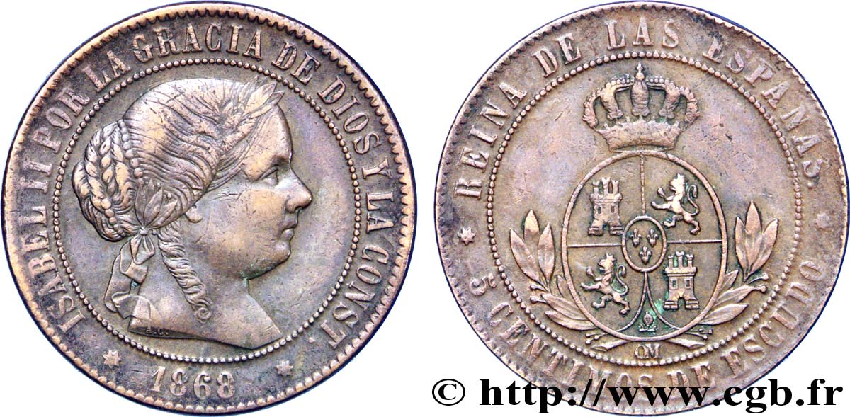 ESPAGNE 5 Centimos de Escudo Isabelle II / écu couronné 1868 Oeschger Mesdach & CO TTB 