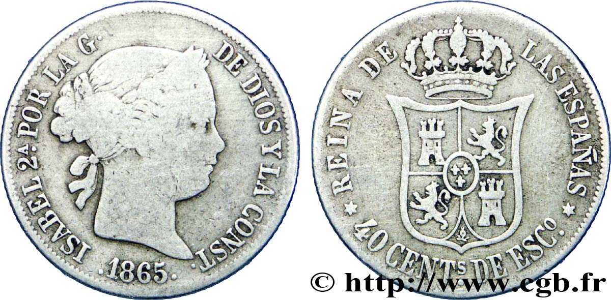 ESPAGNE 40 Centimos Isabelle II / écu couronné 1865 Madrid TB 