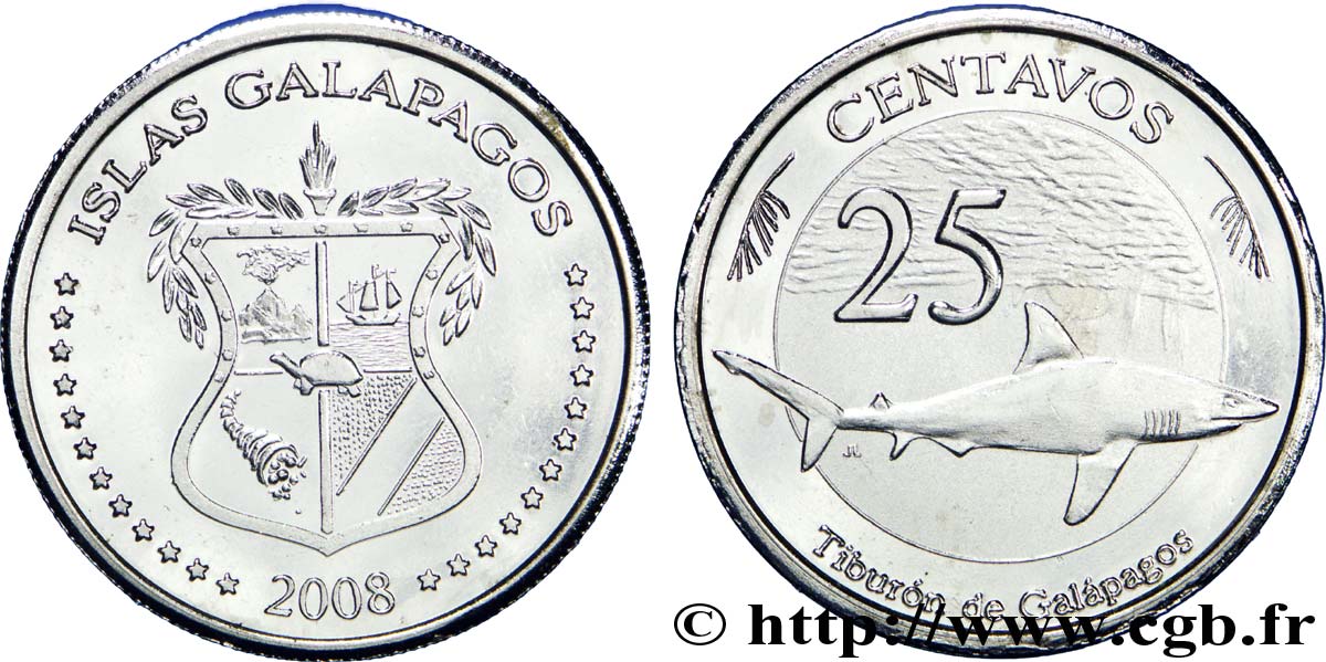 ÎLES GALAPAGOS 25 Centavos emblème / requin des galapagos 2008  SPL 