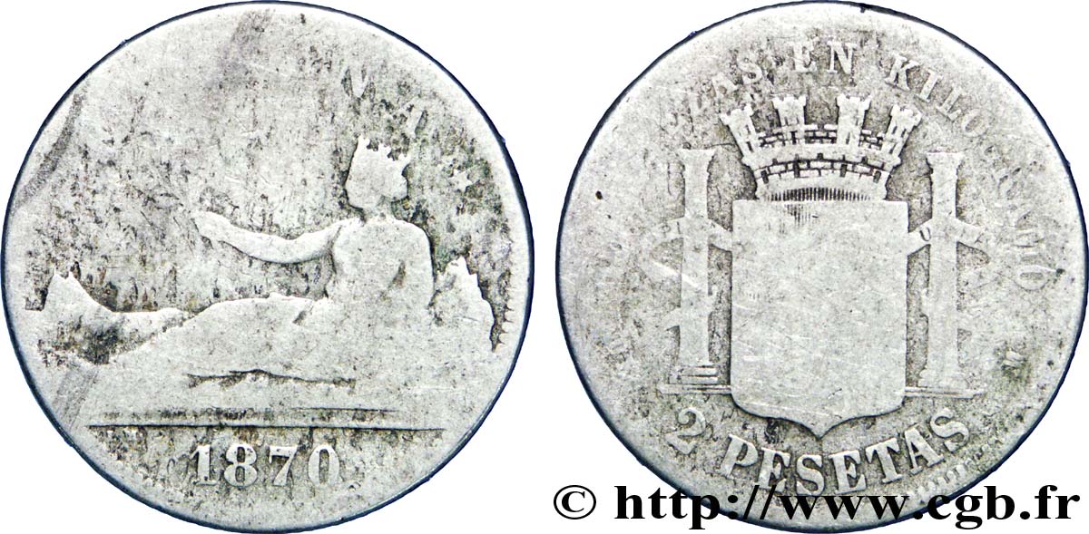 ESPAGNE 2 Pesetas “ESPAÑA” allongée / emblème 1870 Madrid B 
