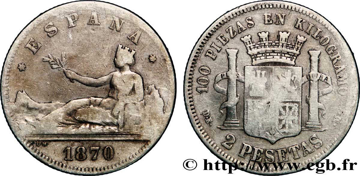 ESPAGNE 2 Pesetas “ESPAÑA” allongée / emblème 1870 Madrid TB 