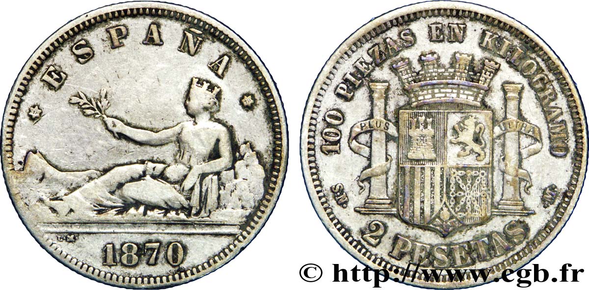 ESPAGNE 2 Pesetas “ESPAÑA” allongée / emblème (1870)  1870 Madrid TB+ 