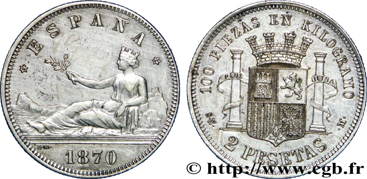 ESPAGNE 2 Pesetas “ESPAÑA” allongée / emblème (1870)  1870 Madrid TTB+ 