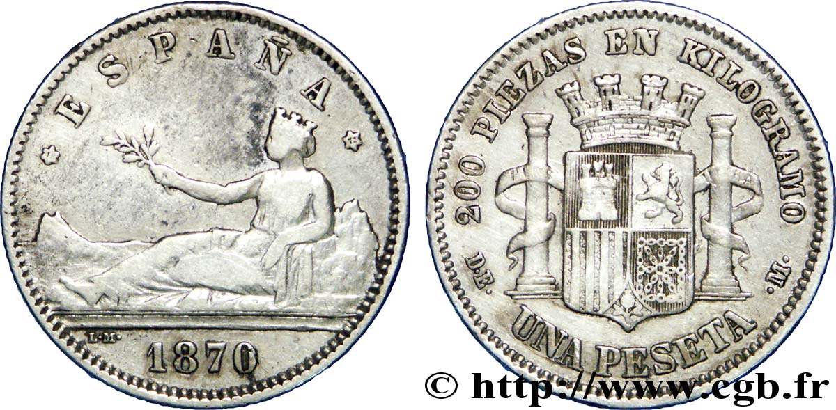 ESPAGNE 1 Peseta “ESPAÑA” allongée / emblème (1873) 1870 Madrid TB+ 