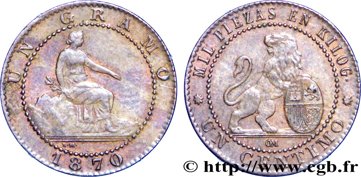 ESPAGNE 1 Centimo monnayage provisoire 1870 Oeschger Mesdach & CO SUP 