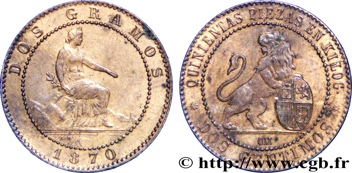 ESPAGNE 2 Centimos monnayage provisoire 1870 Oeschger Mesdach & CO SUP 