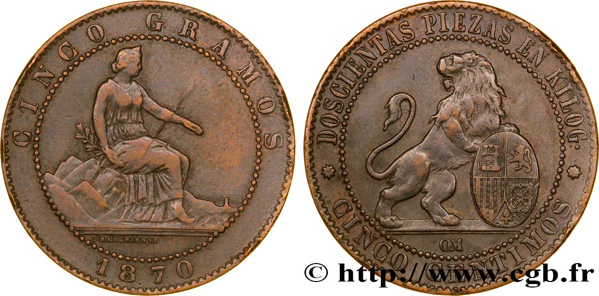 SPAIN 5 Centimos “ESPAÑA” assise / lion au bouclier 1870 Oeschger Mesdach & CO AU 