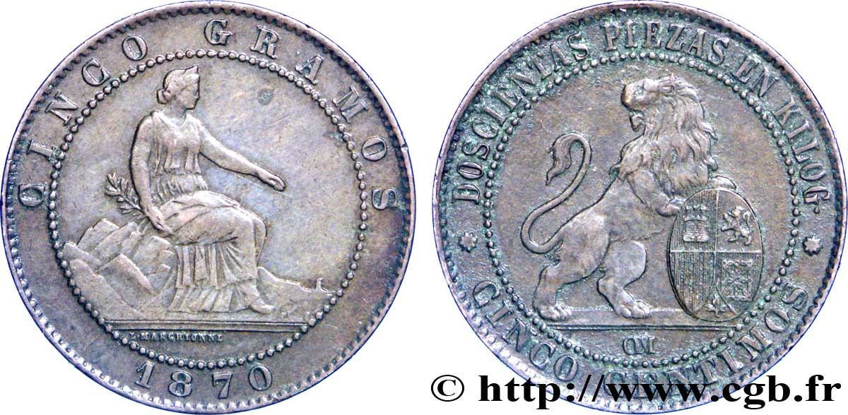 ESPAGNE 5 Centimos “ESPAÑA” assise / lion au bouclier 1870 Oeschger Mesdach & CO SUP 