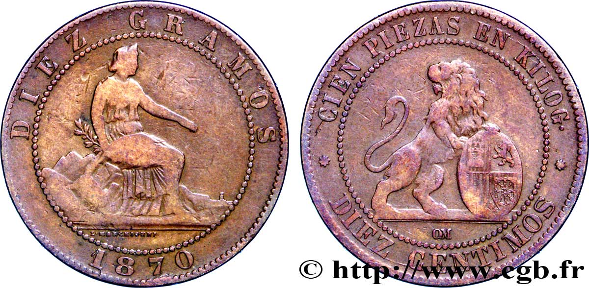 ESPAGNE 10 Centimos monnayage provisoire “ESPAÑA” assise / lion au bouclier 1870 Oeschger Mesdach & CO TB 