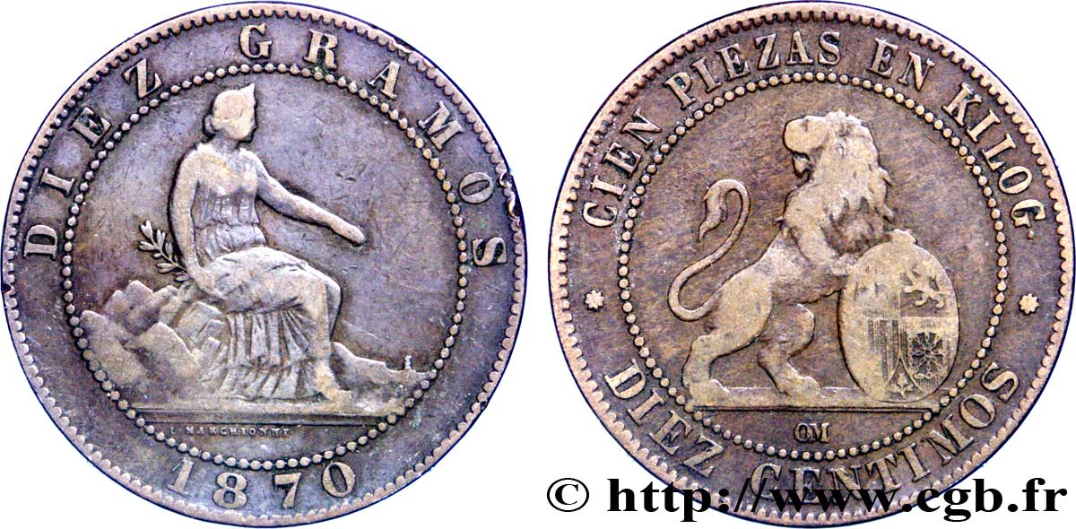 SPAIN 10 Centimos monnayage provisoire “ESPAÑA” assise / lion au bouclier 1870 Oeschger Mesdach & CO VF 